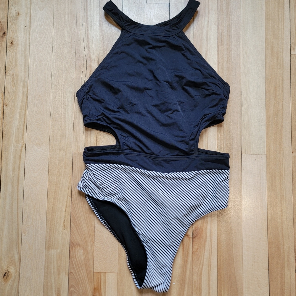 Women’s Black Cutout One-Piece Swimsuit with Stripe Bottom Medium